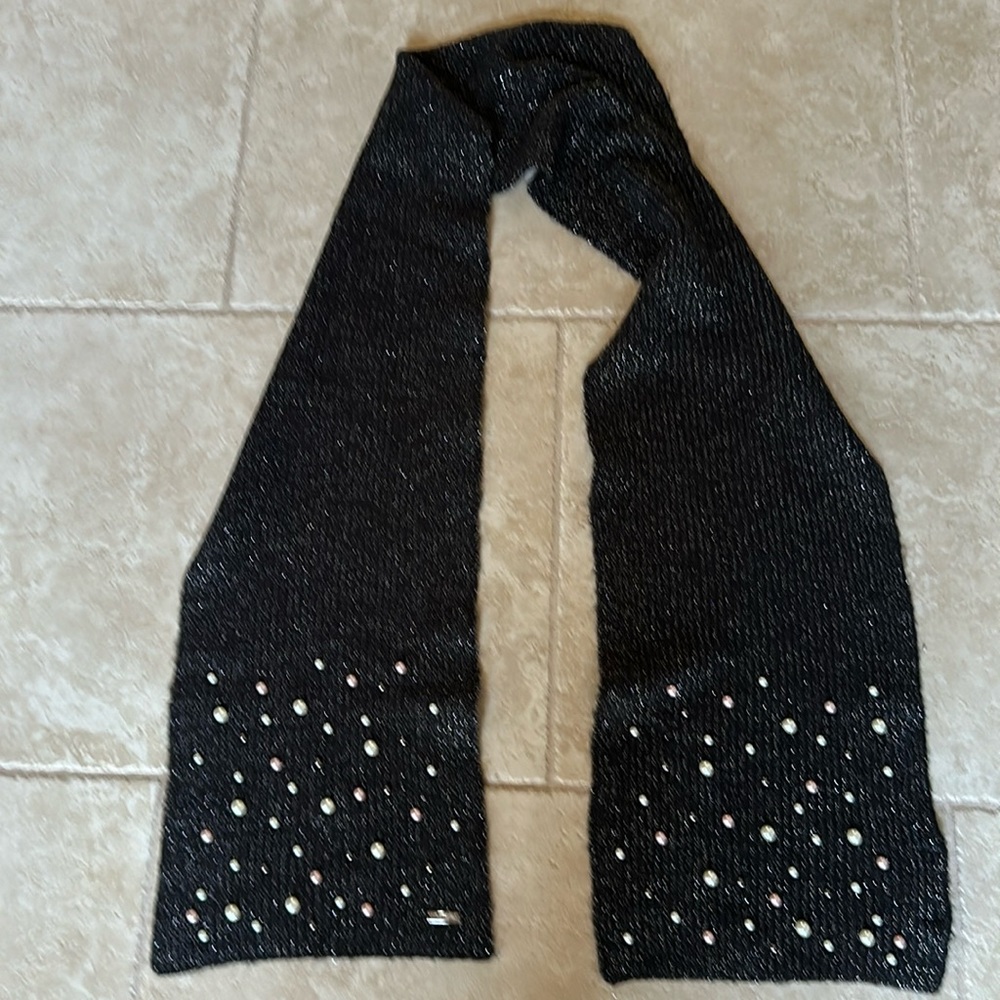Karl Lagerfeld black with silver scarf adorned with multicolored pearls.